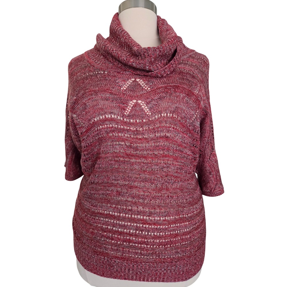One World Cowl Neck Sweater Womens 2X Red Pink Space Dye Pointelle Knit Top